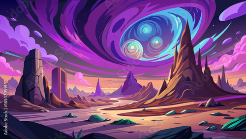 Alien landscape unfolds beneath swirling purple sky, unearthly rock formations rise dramatically. Extraterrestrial atmosphere feels otherworldly, surreal visions blend seamlessly with alien textures, 
