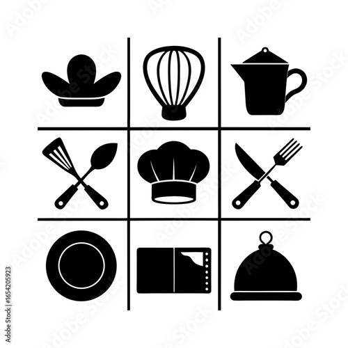 Culinary grid featuring kitchen utensils and cookware in a tic tac toe arrangement with black silhouettes