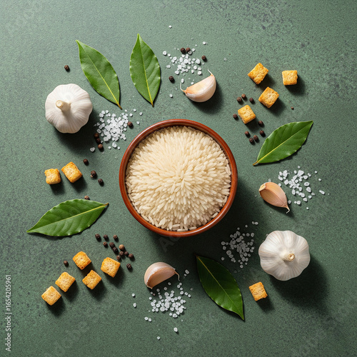 Flat lay food composition on a textured green background.