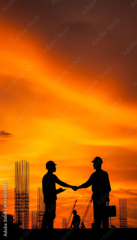 Fototapeta premium Construction professionals exchanging documents against a fiery sunset sky