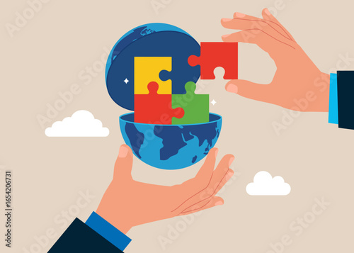 Business merger and acquisition. Teamwork and collaboration. Hand open globe to see connect jigsaw puzzles. Vector illustration