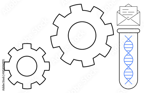 Gears signify engineering and innovation, DNA strand in test tube highlights biotechnology, envelope adds communication. Ideal for biotechnology, engineering, innovation, technology, collaboration