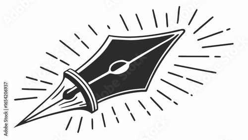 Illustration of a black ink pen with radiating lines indicating light and a white background used "svg"