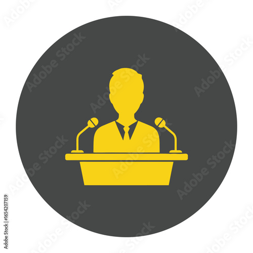 Yellow silhouette of a speaker at a podium with microphones on a gray circular background shape vector