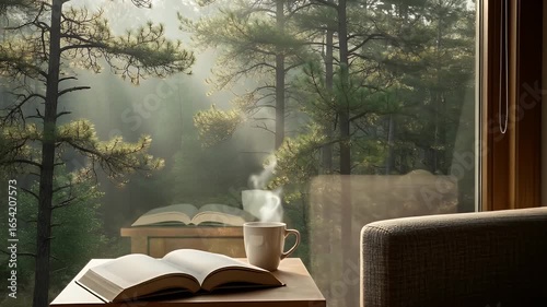 A cozy reading nook with a steaming coffee mug by a window overlooking a serene misty forest during a peaceful golden sunrise