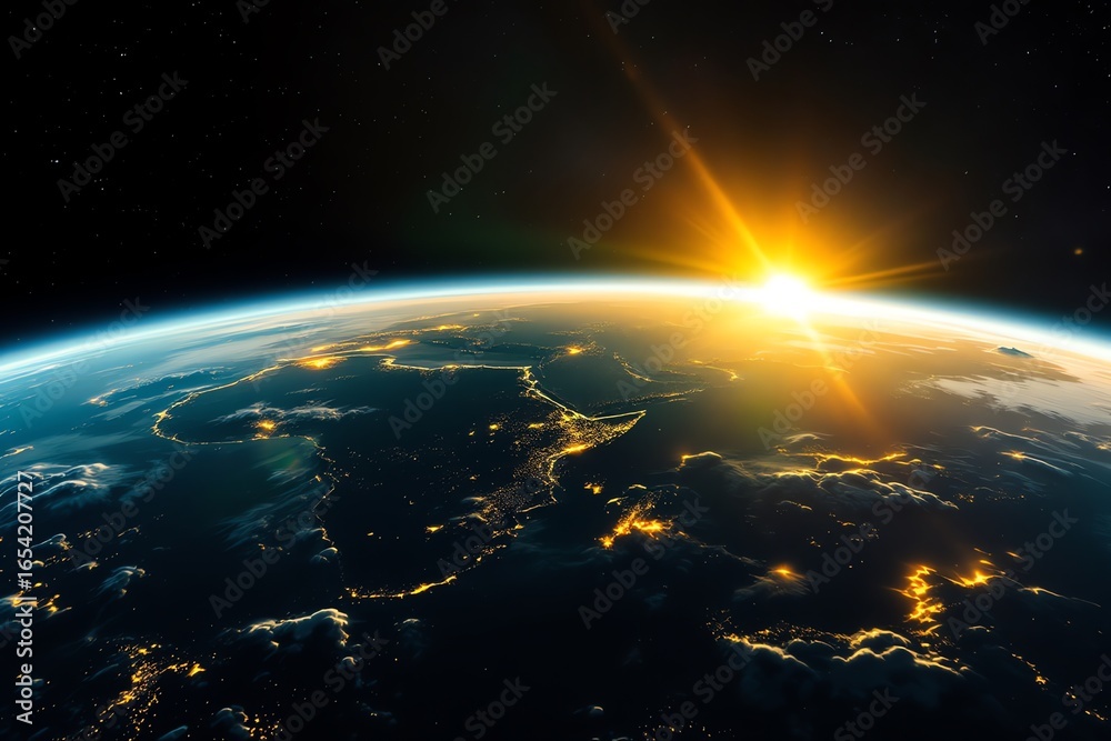 Obraz premium Earth Sunrise from Space Breathtaking Planetary View of Africa