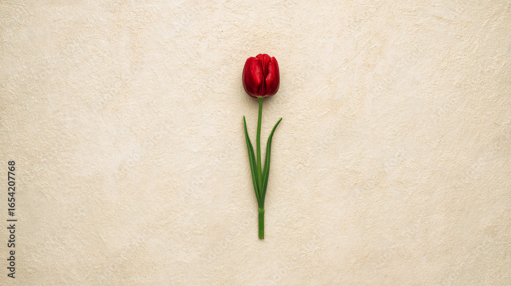 Fototapeta premium A single red tulip stands out against a textured beige background, creating a simple yet striking composition.