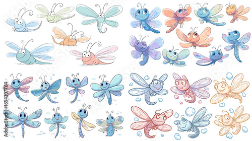 Adorable watercolor dragonfly illustration set featuring pastel colors, whimsical wings, and playful poses. Perfect for children’s designs, nursery decor, or spring nature themes.