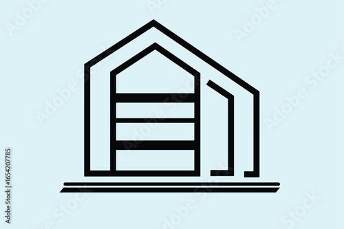 Black geometric house outline on light blue background