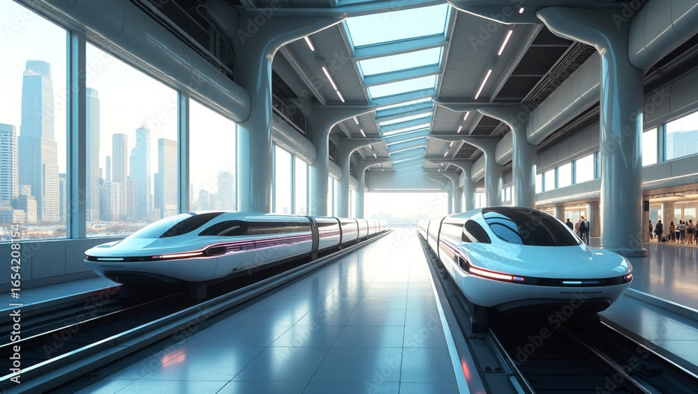 Obraz premium Spacious futuristic transportation hub with magnetic trains.
