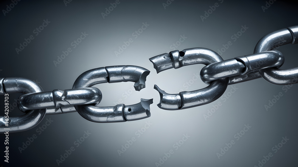 Obraz premium Broken chain link represents weakness, failure, or vulnerability concept