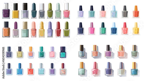 Collection of colorful nail polish bottles with different shapes, shades, and glossy finishes. Perfect for beauty, cosmetics, fashion, and feminine lifestyle design.