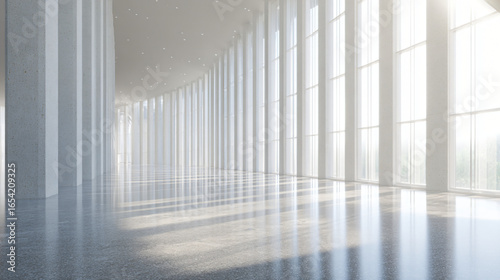 A vast modern concrete hall with towering columns and luminous windows, featuring minimalist architectural design.