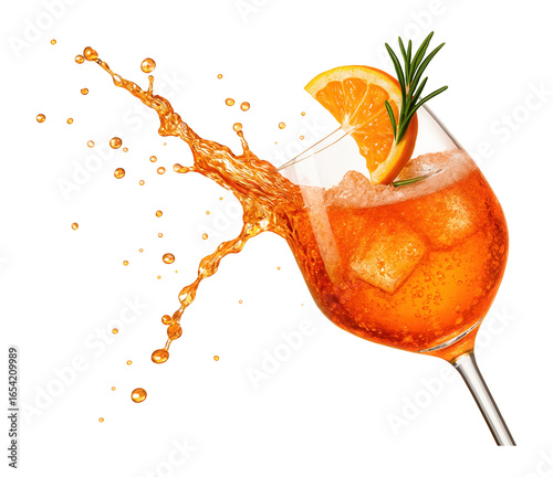 Aperol spritz cocktail spilling from a falling glass.