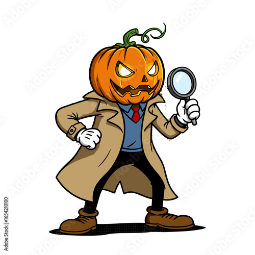 Pumpkin character detective holding a magnifying glass in costume  