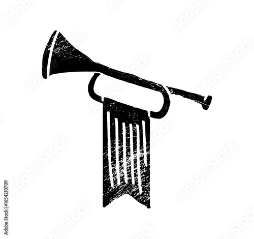 horn trumpets musical instruments isolated on white background. Royal fanfare with triumphant flag for play music. Vector illustration