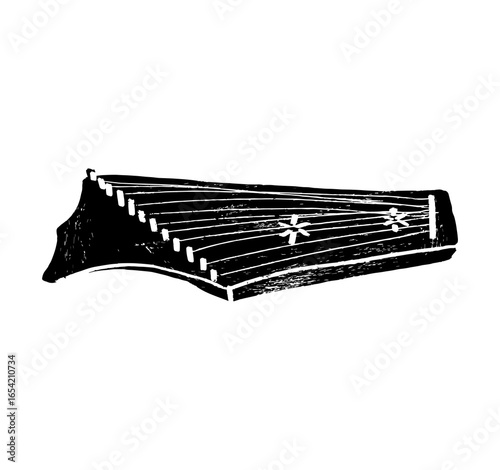 Gusli, harp, folk. Music festival poster. String musical instruments. Competition. A set of vector illustrations. Minimalistic design. Banner, flyer, cover, print.	