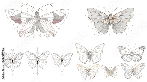 Minimalist geometric butterfly illustration with fine line details and soft pastel shades, elegant insect drawings for tattoo, decoration, and design projects.