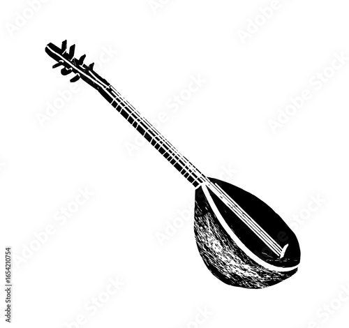 Baglama, saz, folk. Music festival poster. String musical instruments. Competition. A set of vector illustrations. Minimalistic design. Banner, flyer, cover, print.	