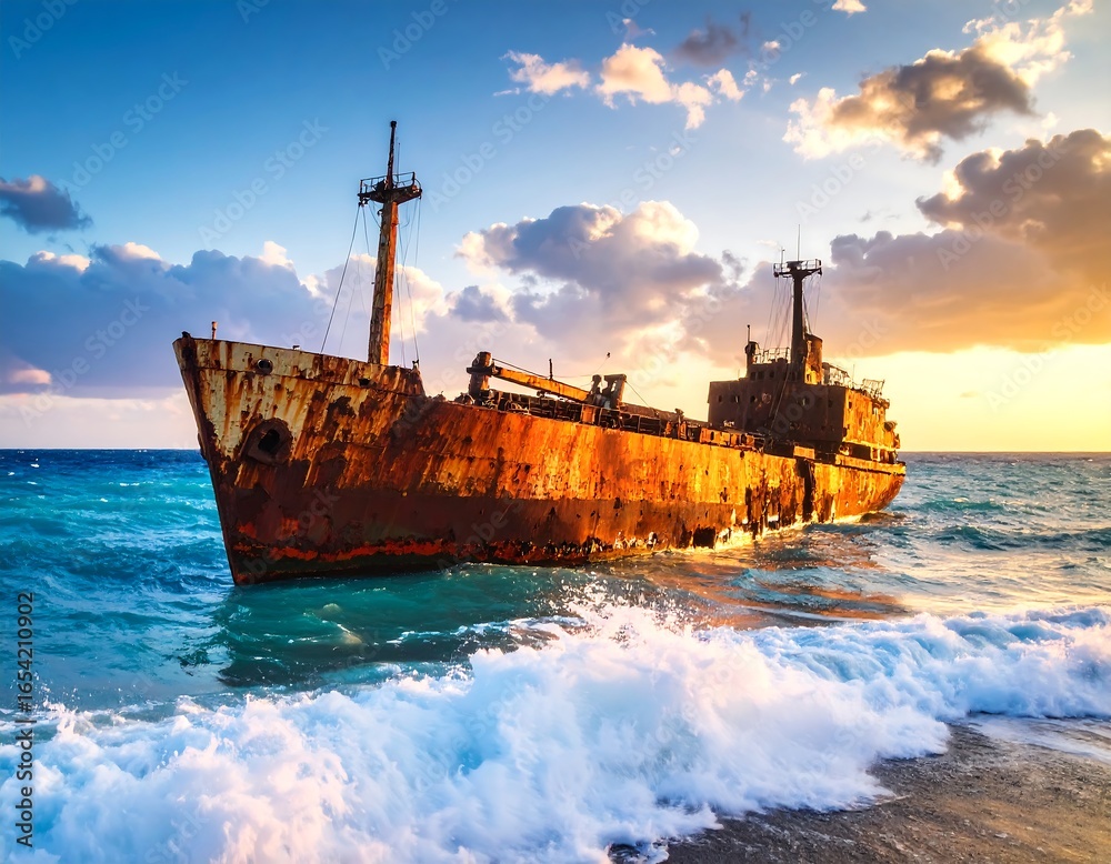 Naklejka premium Rusty shipwreck at sunset