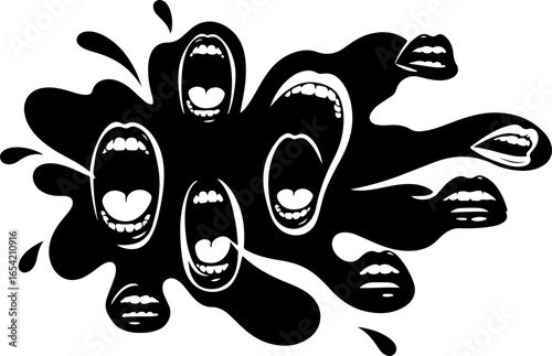 Abstract Black Silhouette Collage of Screaming Mouths Representing Communication and Public Opinion