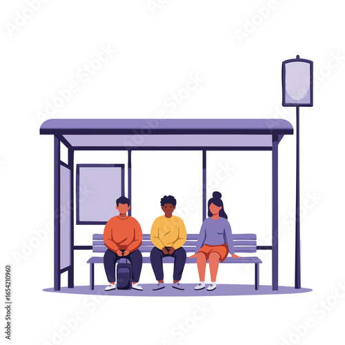 Three Diverse People Patiently Await Public Transportation at a Bus Stop.