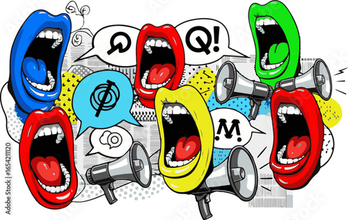 Collage of Colorful Screaming Mouths with Vibrant Lips and Tongues – Pop Art Communication Concept