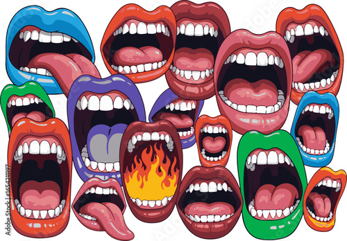 Collage of Colorful Screaming Mouths with Vibrant Lips and Tongues – Pop Art Communication Concept
