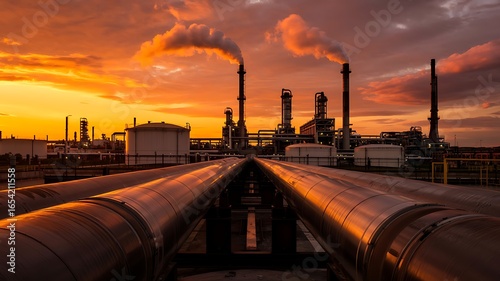 Industrial oil refinery complex with smoking chimneys against a dramatic fiery orange and yellow sunset sky