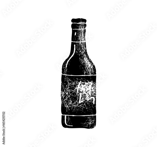 Soju bottle and shot isolated on white background. Glass vodka bottle in vintage engraved style. Vector illustration
