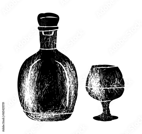 textured drawing of a cognac bottle and glass, elegant continuous line art vector, modern alcohol illustration for bar menus, prints, and decor