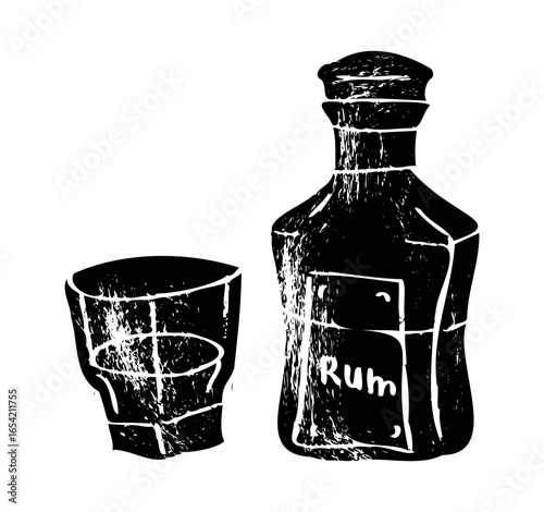 Glass of alcohol, bottle and rum. Design for advertising of strong alcoholic drink. Vector textured illustration
