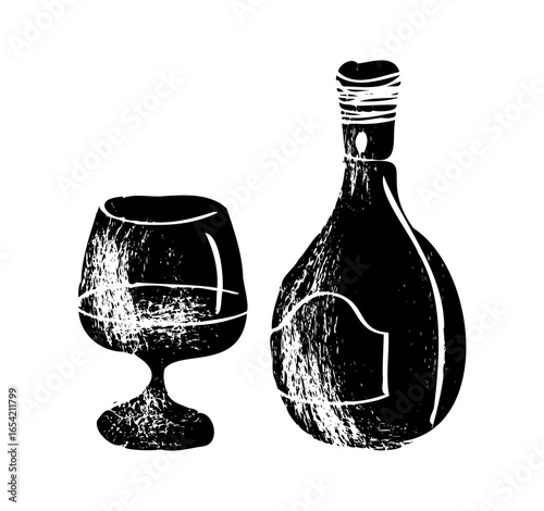 alcohol drinks bottles engraving vector set. Vodka, whiskey and cognac. Isolated vintage style .