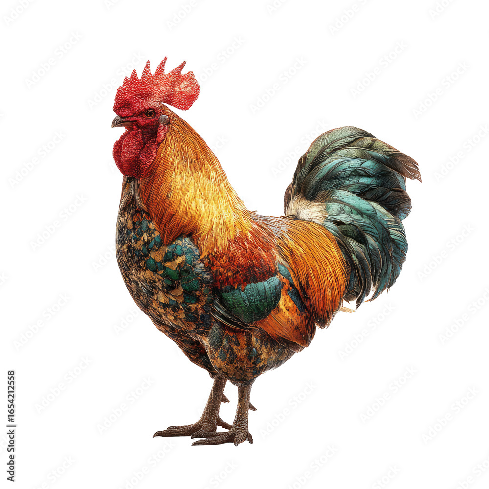 Fototapeta premium Colorful rooster, vibrant plumage, black backdrop