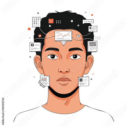 Digital Overload: Young Mans Head Surrounded by Social Media Icons.