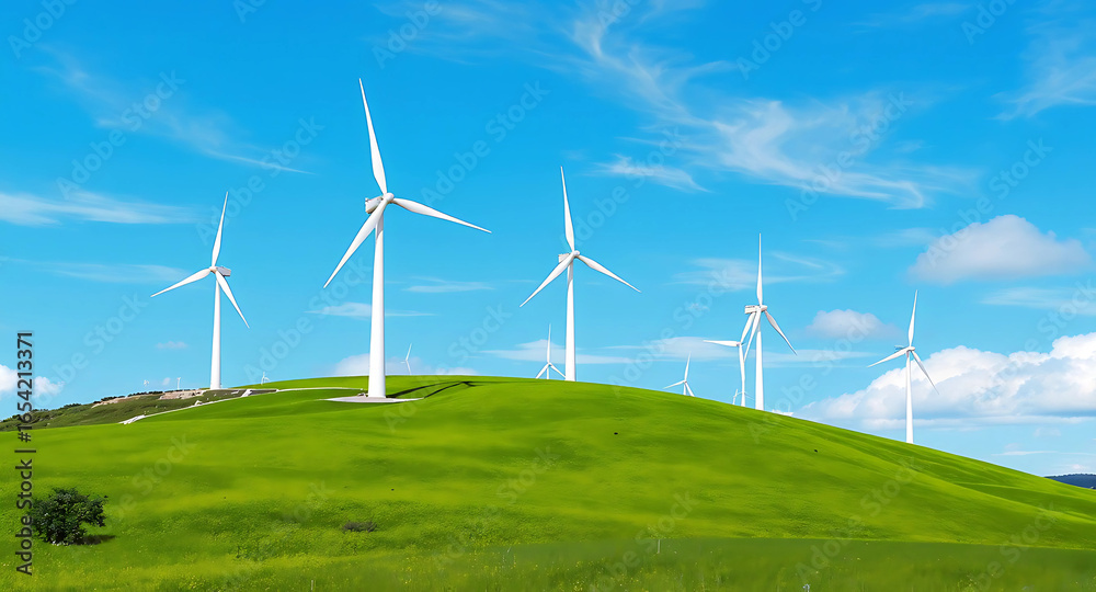 Futuristic Wind Turbines on Green Hill with Clear Sky Futuristic Wind Turbines on Green Hill with Clear Sky