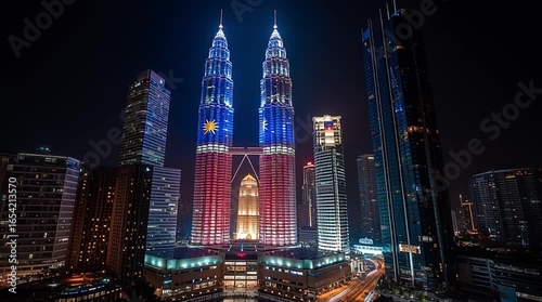 Petronas Towers in Kuala Lumpur Illuminated with Malaysian Flag Colors. National Day (Merdeka Day)