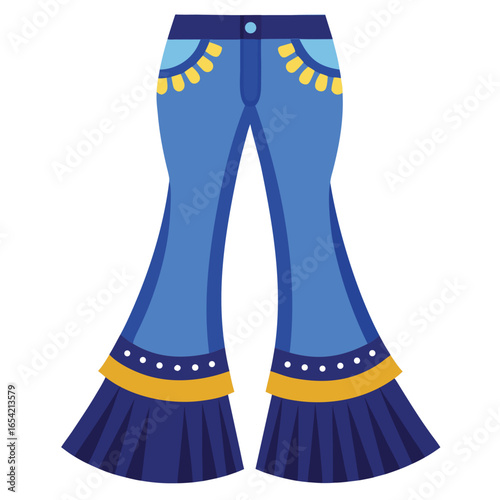 Blue denim bell bottom pants with yellow and dark blue accents bell bottom jeans