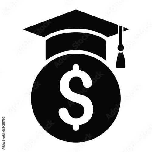 Black graduation cap with tassel atop a coin with a dollar sign representing education costs and fees vector