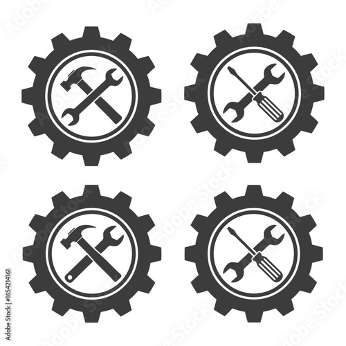 Four black gears containing crossed hammer and wrench or screwdriver and wrench on white background vector