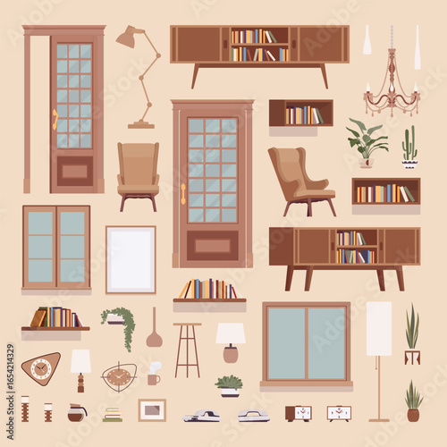 Living room interior decor components and home essentials pack. Wooden furniture, door, window, composition arrangement to keep workspaces organized and cozy. Vector illustration, beige background
