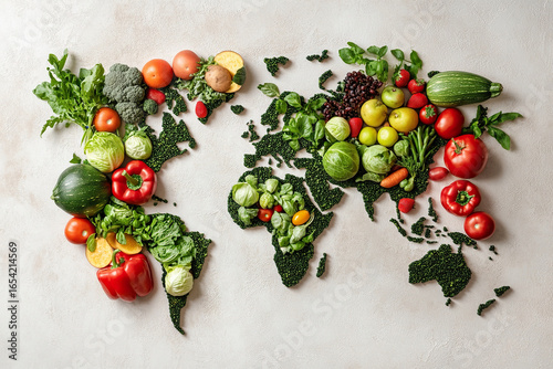 World Food Day, fruits and vegetables arranged in a world map