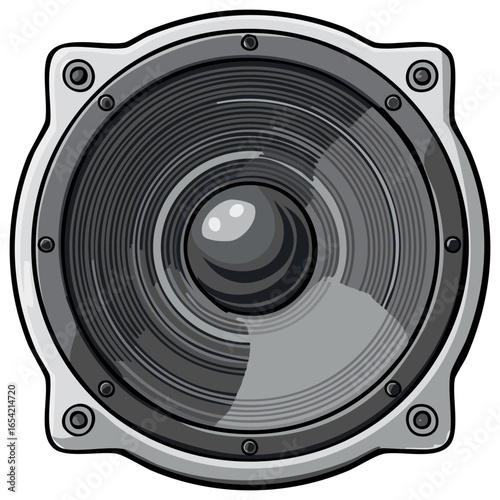 Vector graphic of a round audio speaker in gray tones with a detailed central cone