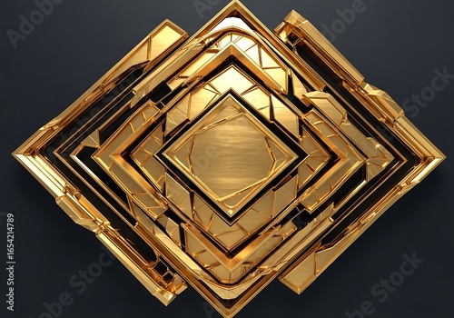 Golden geometric art deco design element against a dark background.