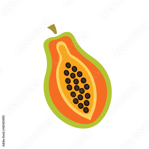 Vector of a halved papaya reveals vibrant orange flesh and a cluster of glossy black seeds against a white backdrop