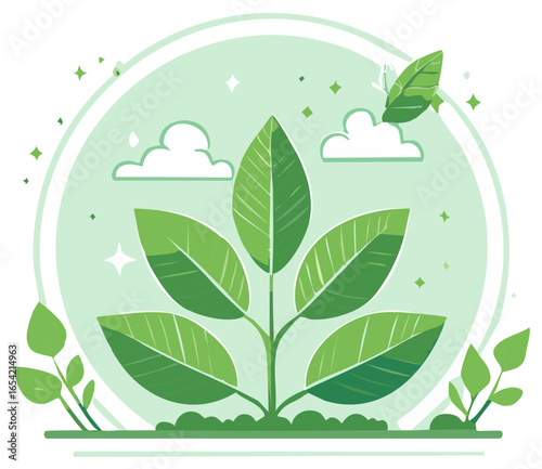 Lush green plant growth and fresh spring leaves with gentle clouds and subtle sparkling accents