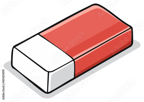 Cartoon illustration of a red and white eraser with a shadow.