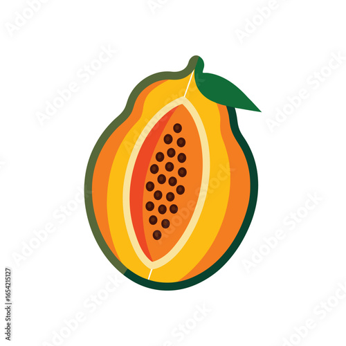 Vector of a halved papaya reveals vibrant orange flesh and a cluster of glossy black seeds against a white backdrop