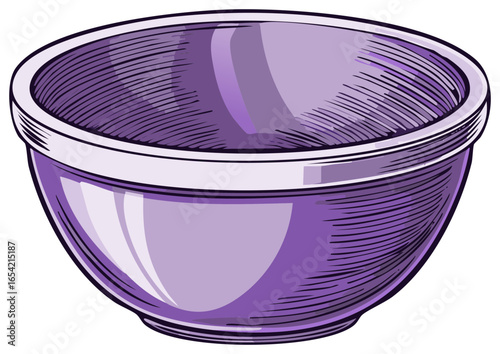 Purple ceramic mixing bowl with textured interior and rim detailed in sketch style