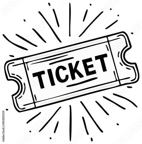 Illustration of a Ticket with Rays, Hand Drawn Style Graphic Isolated on White Background